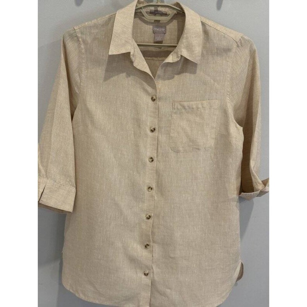 Chicos 100% Linen No Iron Oatmeal Tan Button Front 3/4 Sleeve Cuff Shirt 2 12 14